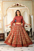 Dull Red Printed Cotton Lehenga Choli with Floral Design Dupatta