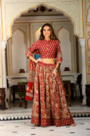 Dull Red Printed Cotton Lehenga Choli with Floral Design Dupatta