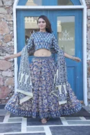 Greyish Blue Printed Cotton Chaniya Choli with Mul Dupatta