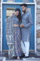 Greyish Blue Couple Matching Kurta With Lehenga Choli