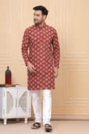 Reddish Block Printed Cotton Long Kurta for Men