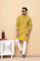 Yellow Printed Long Kurta for Men