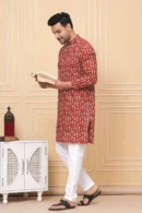Red Brown Printed Long Kurta for Men