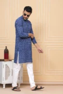 Tealish Blue Printed Long Kurta for Men side view
