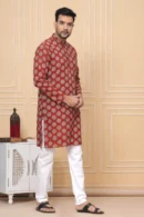 Reddish Block Printed Cotton Long Kurta for Men