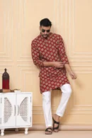 Reddish Block Printed Cotton Long Kurta for Men style