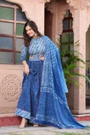 Blue Printed Cotton Lehenga Choli