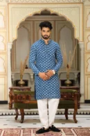 Light Navy Blue Floral Kurta Designs for Men
