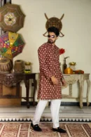 Mojo Red Block Print Long Kurta for Men