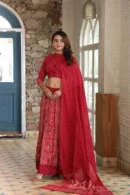 Pinkish Red Printed Cotton Chaniya Choli with Mul Dupatta