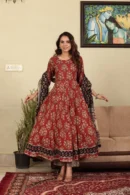 Red Brown Anarkali Suit with Mul Dupatta