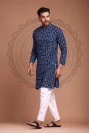 Rhino Blue Block Print Long Kurta for Men