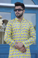 Straw Yellow Block Print Long Kurta for Men