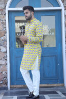 Straw Yellow Long Kurta for Men look