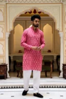 Tulip Pink Block Print Long Kurta for Men