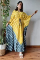 Yellow Block Printed Long Kaftan front view