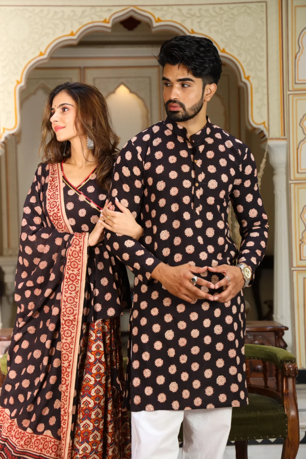 Bistre Couple Matching Kurta With Lehenga Choli