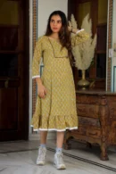Brass Yellow Block Printed One Piece Dress for Women