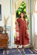 Cognac Red Anarkali Suit with Dupatta for Women