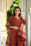 cognac red anarkali suit neck design style