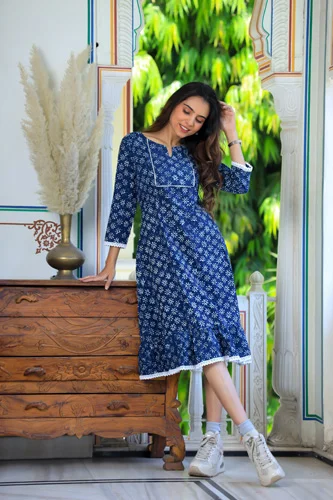 lapis blue frill one piece dress style