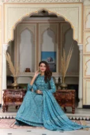bluish cyan lehenga for plus size ladies front view