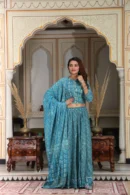 bluish cyan lehenga for plus size ladies side view