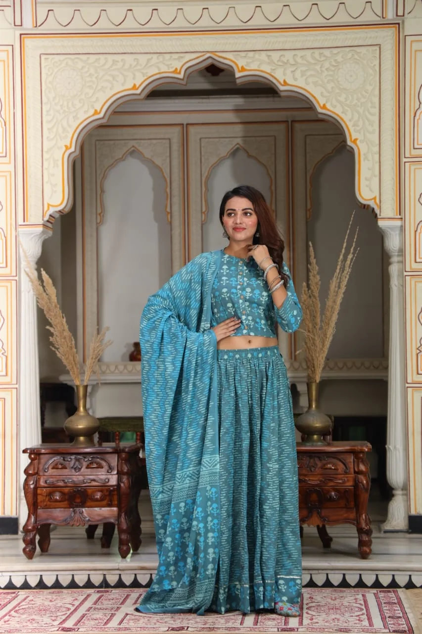 bluish cyan lehenga for plus size ladies side view