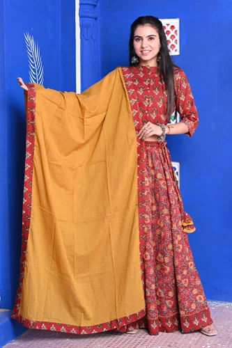 brick red floral print choli