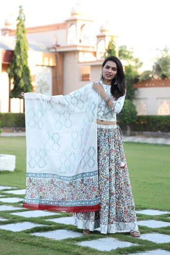 cadet grey floral lehenga choli online front view