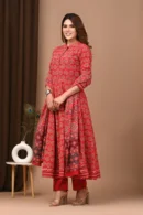 Faded Red Printed Anarkali Suit with Mul Dupatta