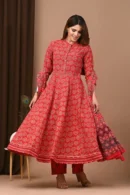 Faded Red Printed Anarkali Suit with Mul Dupatta
