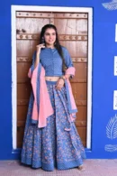 flat blue floral velvet lehenga choli with dupatta front view