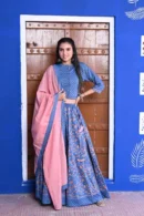 flat blue floral velvet lehenga choli with dupatta look