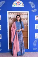 flat blue floral velvet lehenga choli with dupatta side view