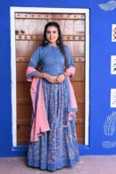 flat blue floral velvet lehenga choli with dupatta style