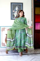 Frog Green Printed Anarkali Suit with Mul Dupatta