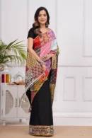 gondola black patch work in sarees front view