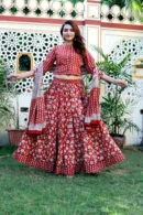 Wine Red Printed Lehenga Choli with Mul Dupatta