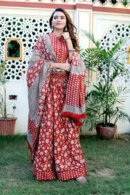 Wine Red Printed Lehenga Choli with Mul Dupatta