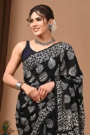 Zeus Black Bagru Print Cotton Saree for Women