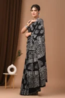 Zeus Black Bagru Print Cotton Saree for Women